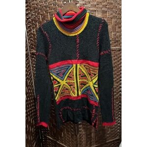 Boho Turtleneck Sweater M Black Knit Pullover Geometric Colorful Design